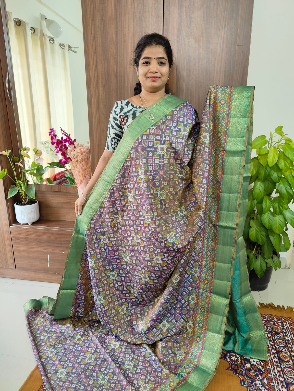 Soft Patola Saree with Zari Woven Border - Pastel Violet with Green