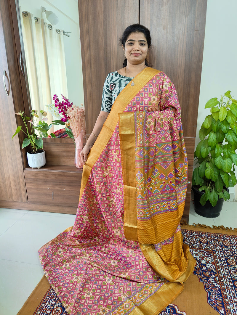 Soft Patola Saree with Zari Woven Border - Pastel Pink with Mustard Yellow