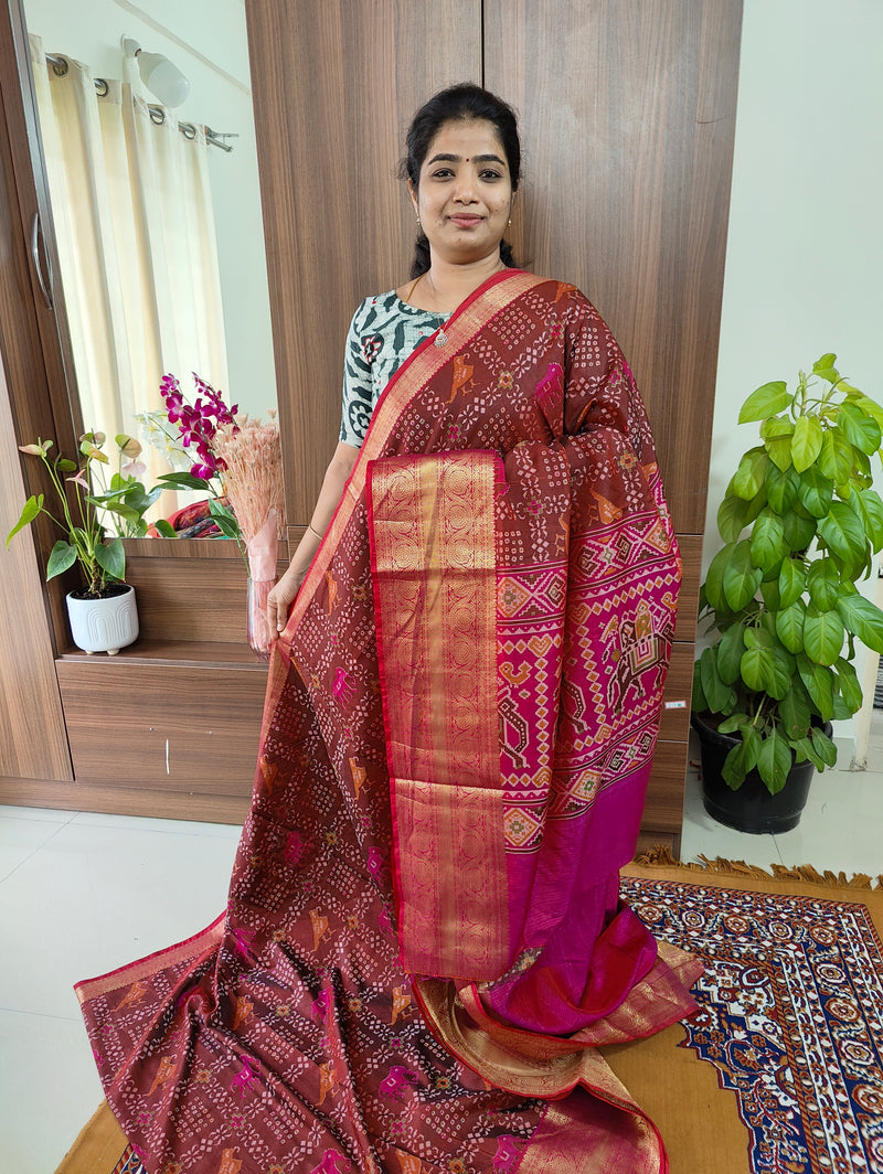 Soft Patola Saree with Kanjivaram Pattern Zari Woven Long Border - Maroon with Pink