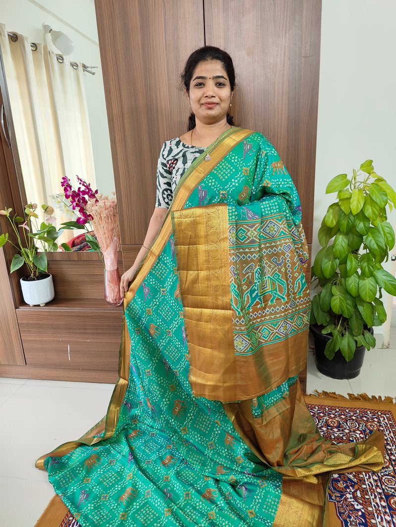 Soft Patola Saree with Kanjivaram Pattern Zari Woven Long Border - Sea Green with Golden Yellow