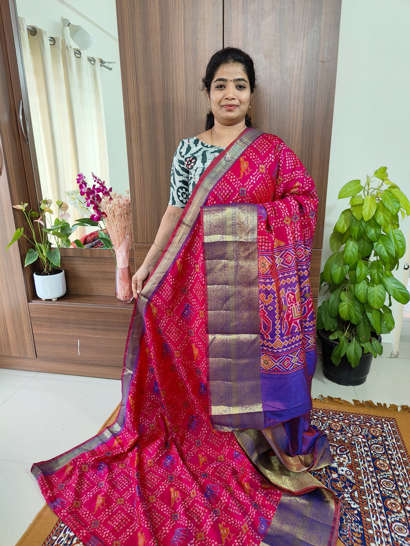 Soft Patola Saree with Kanjivaram Pattern Zari Woven Long Border - Pink with Purple