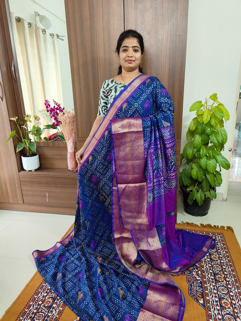 Soft Patola Saree with Kanjivaram Pattern Zari Woven Long Border - Blue with Purple