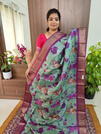 Olive Green with Purple  Floral Print Pure Handwoven Tussar Silk Saree with Zari Border