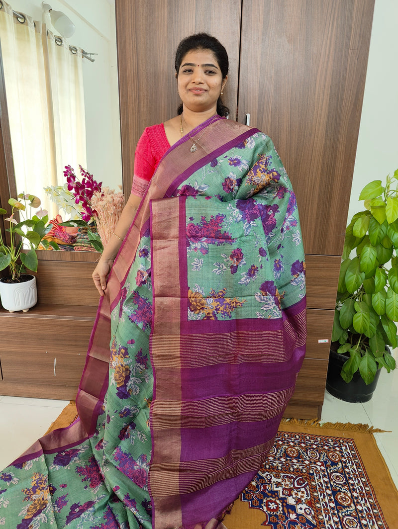 Olive Green with Purple  Floral Print Pure Handwoven Tussar Silk Saree with Zari Border