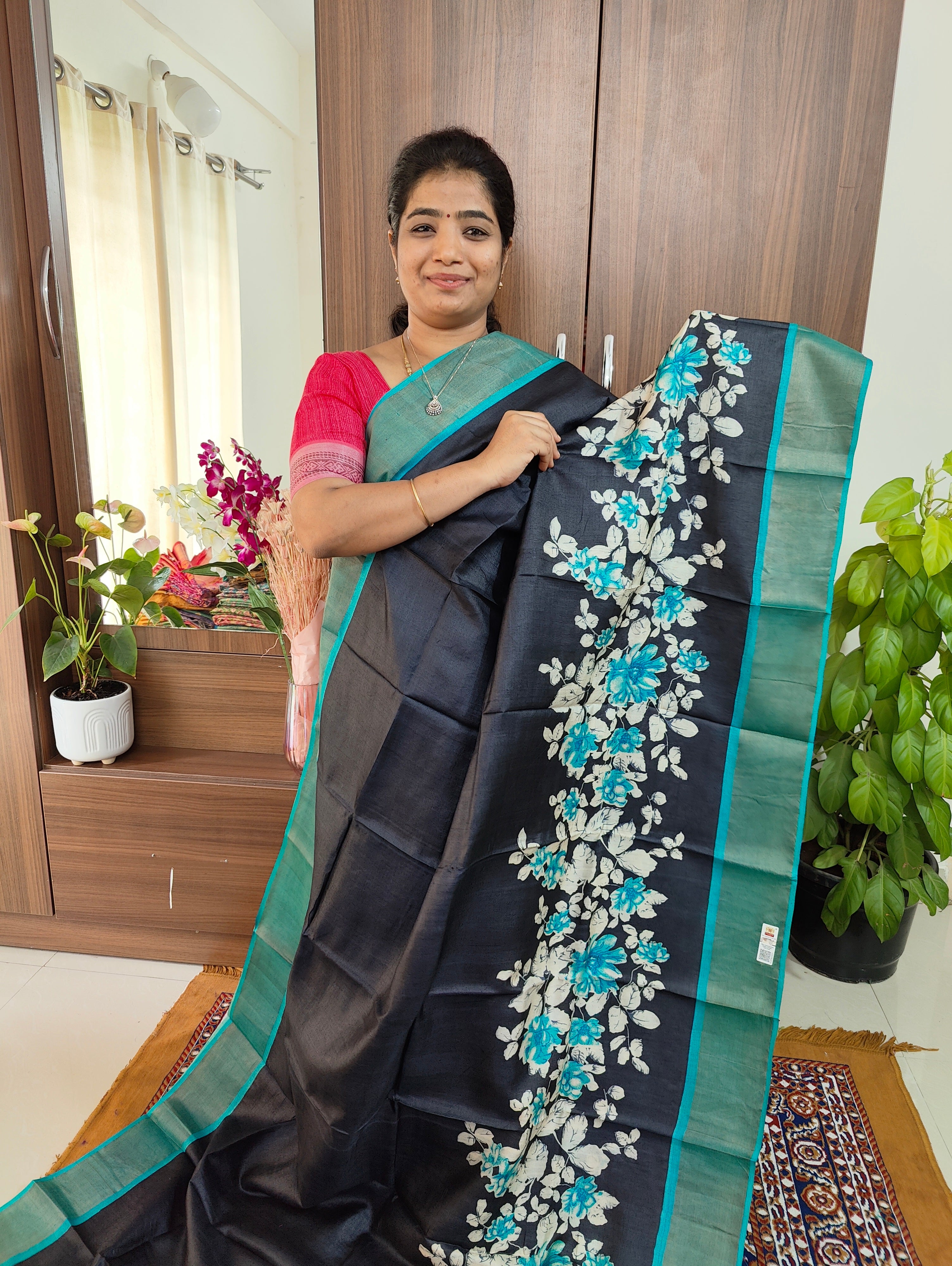 Juniper Blue Woven Tussar Silk Saree – MySilkLove