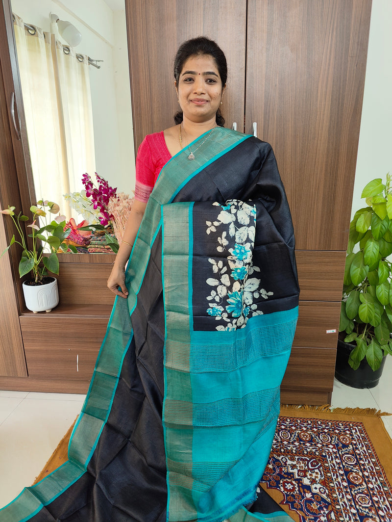 Black with Blue  Floral Print Pure Handwoven Tussar Silk Saree with Zari Border