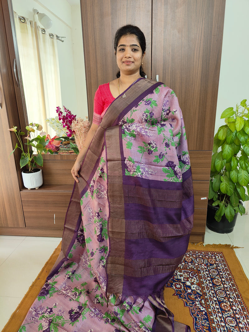 Lavender with Purple Floral Print Pure Handwoven Tussar Silk Saree with Zari Border