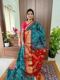 Peacock Blue with Red Pochampally Ikkat Silk Cotton (SICO Pattu)