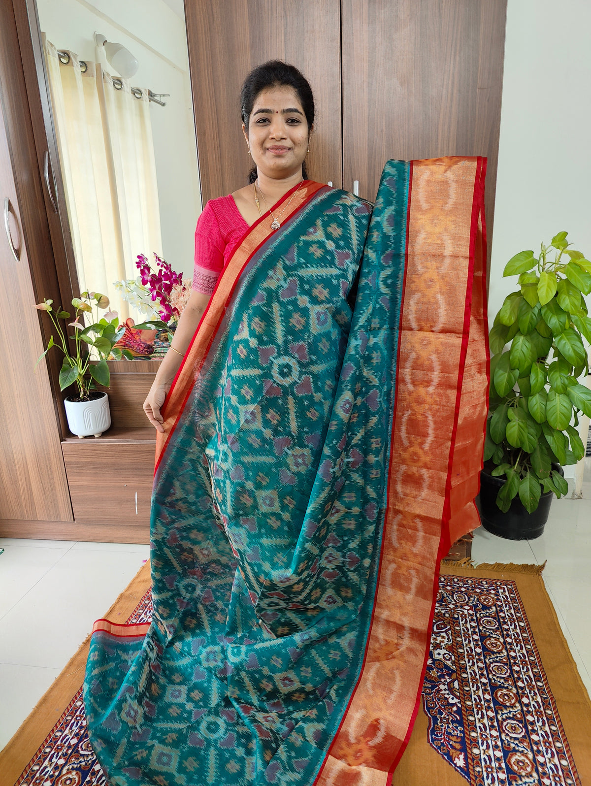 Peacock Blue with Red Pochampally Ikkat Silk Cotton (SICO Pattu)