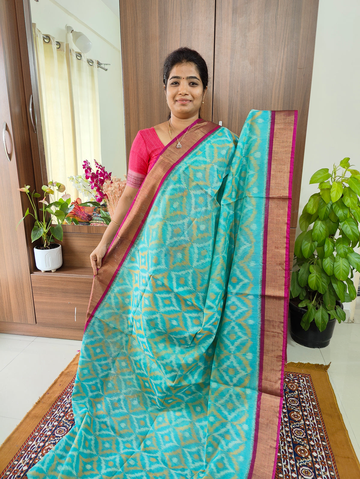 Blue with Purple Pochampally Ikkat Silk Cotton (SICO Pattu)