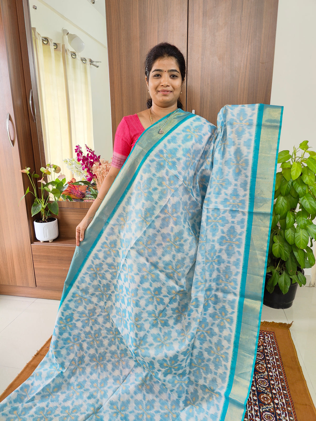 White cum Blue Weave with Blue Pochampally Ikkat Silk Cotton (SICO Pattu)