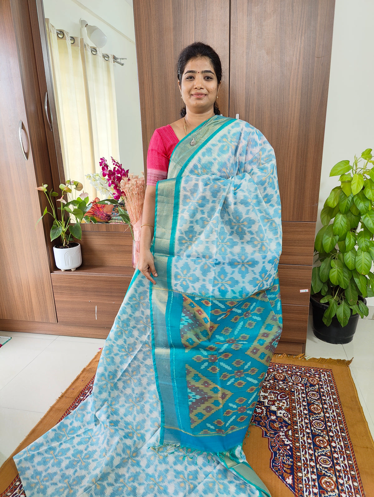 White cum Blue Weave with Blue Pochampally Ikkat Silk Cotton (SICO Pattu)