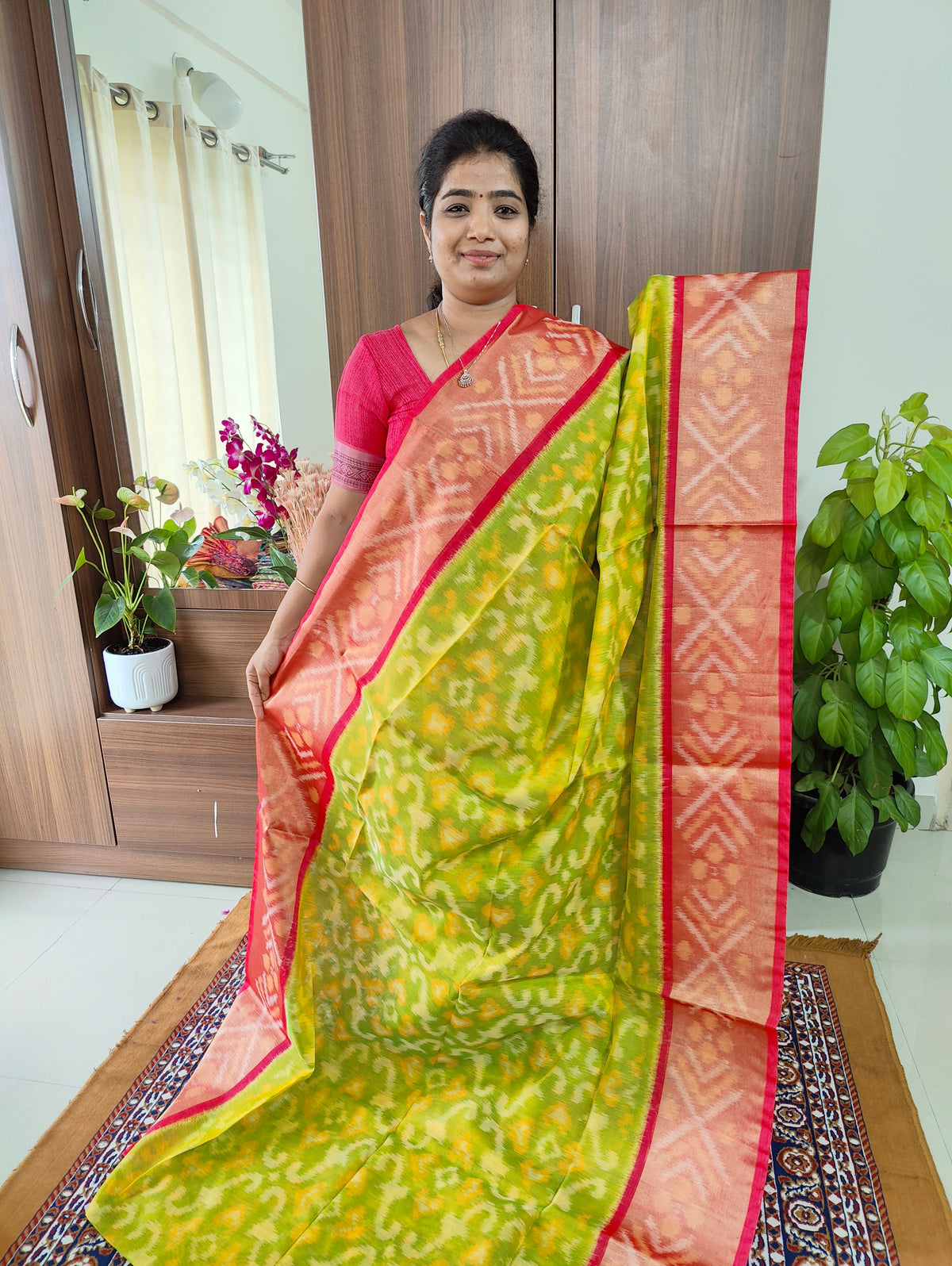 Parrot Green with Peachish Pink Pochampally Ikkat Silk Cotton (SICO Pattu)