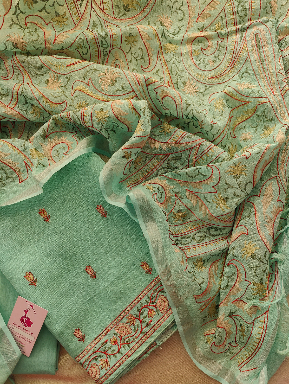 Sea Green Unstitched Pure Linen Salwar Suit