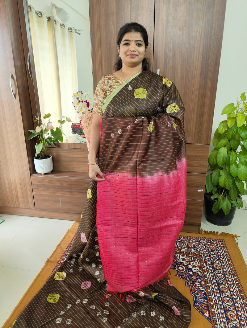 Bhagalpuri Silk Viscous with Sequence Weaving Pallu - Brown with Pink