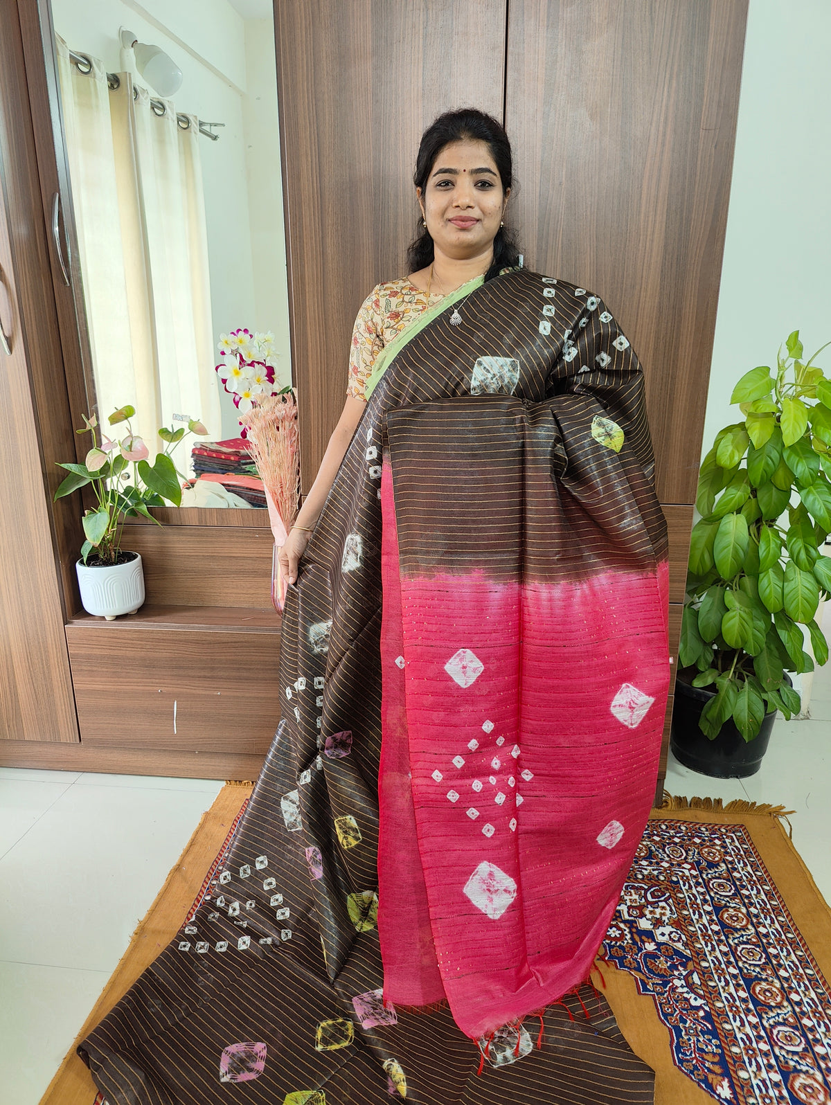 Bhagalpuri Silk Viscous with Sequence Weaving Pallu - Brown with Pink