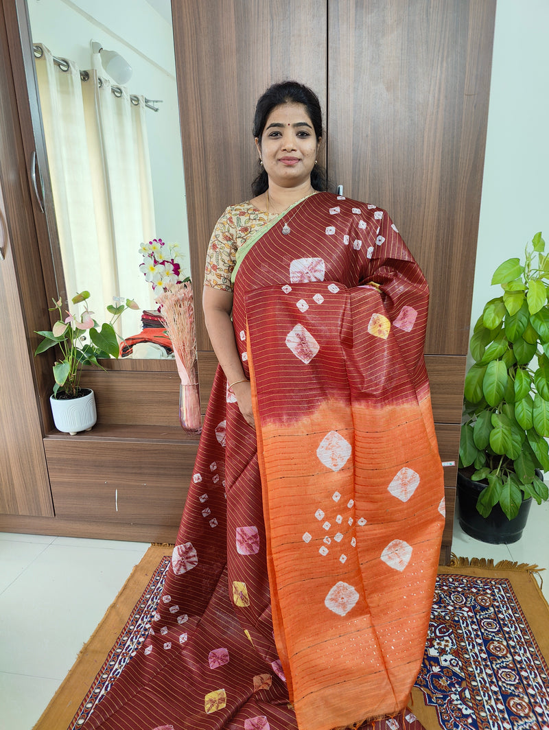 Bhagalpuri Silk Viscous with Sequence Weaving Pallu - Dark Marron with Orange