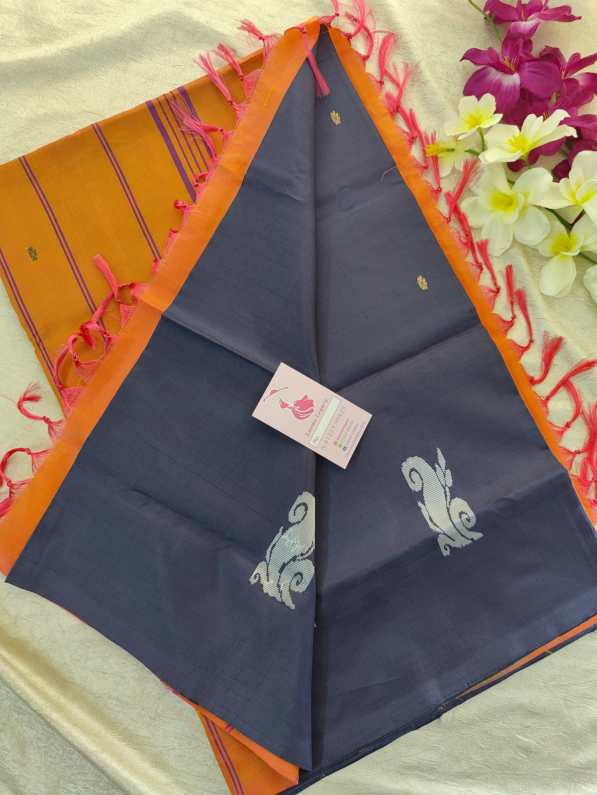 Blue with Peachish Pink  Pallu Handwoven Chinnalampattu Saree