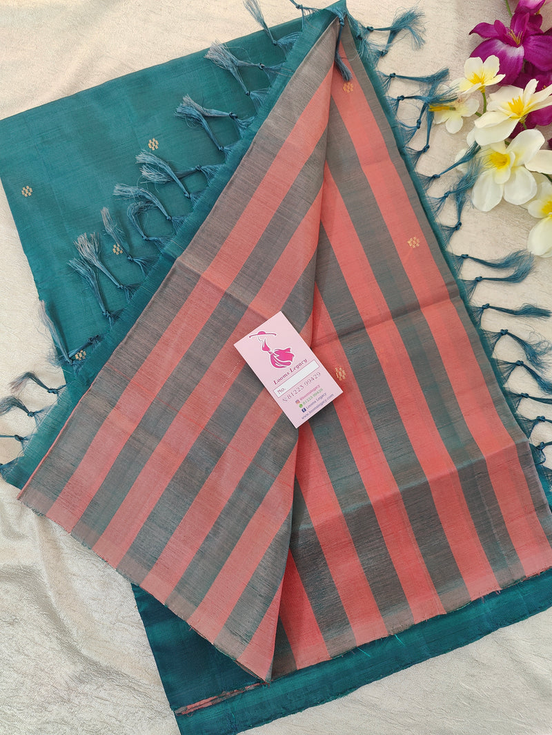 Peach with Peacock Blue Stripes with Peacock Blue Pallu Handwoven Chinnalampattu Saree