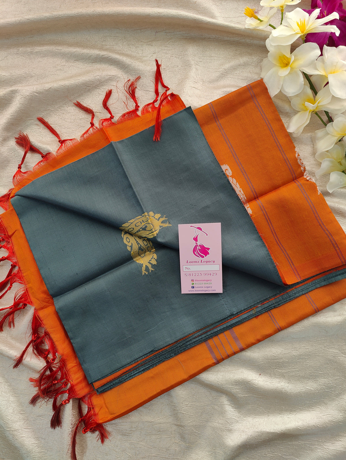 Grey with Orange Shade Pallu Handwoven Chinnalampattu Saree