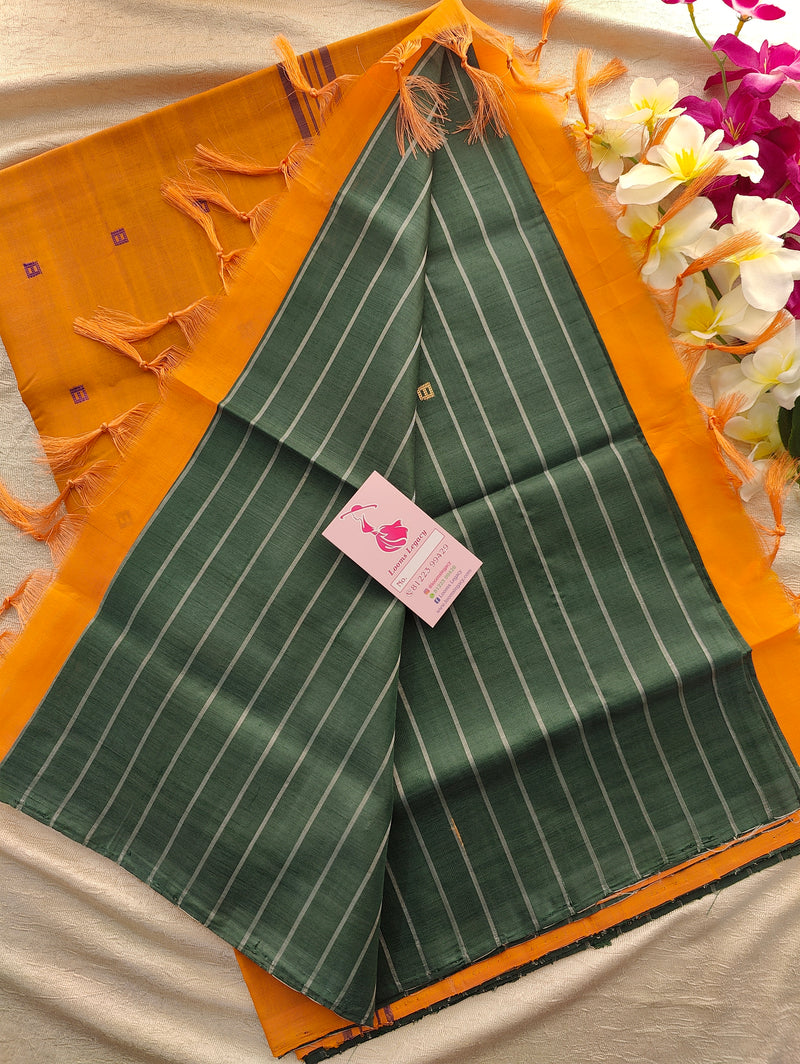 Dark Green with Orange Shade Pallu Handwoven Chinnalampattu Saree