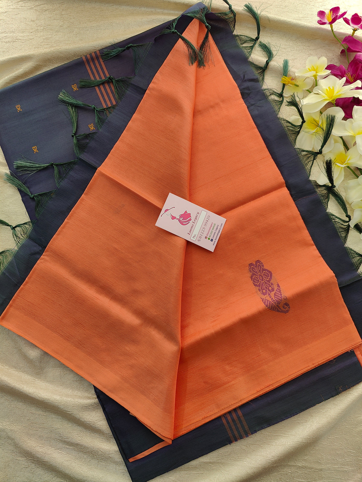 Peach with Navy Blue Pallu Handwoven Chinnalampattu Saree