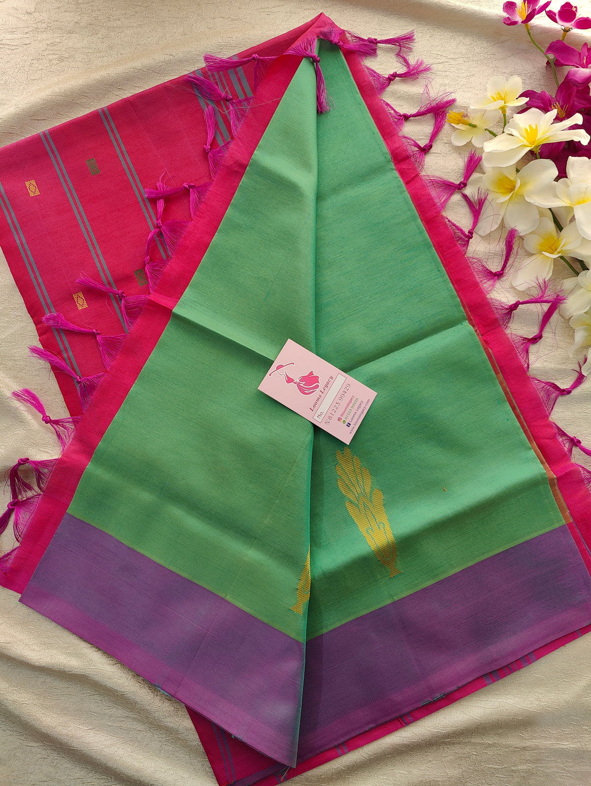 Green with Pink Pallu Handwoven Chinnalampattu Saree