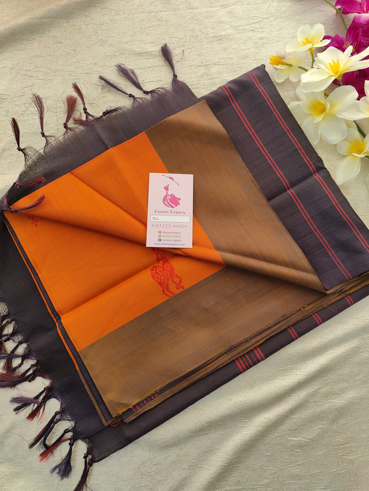 Dark Orange with Brown Pallu Handwoven Chinnalampattu Saree