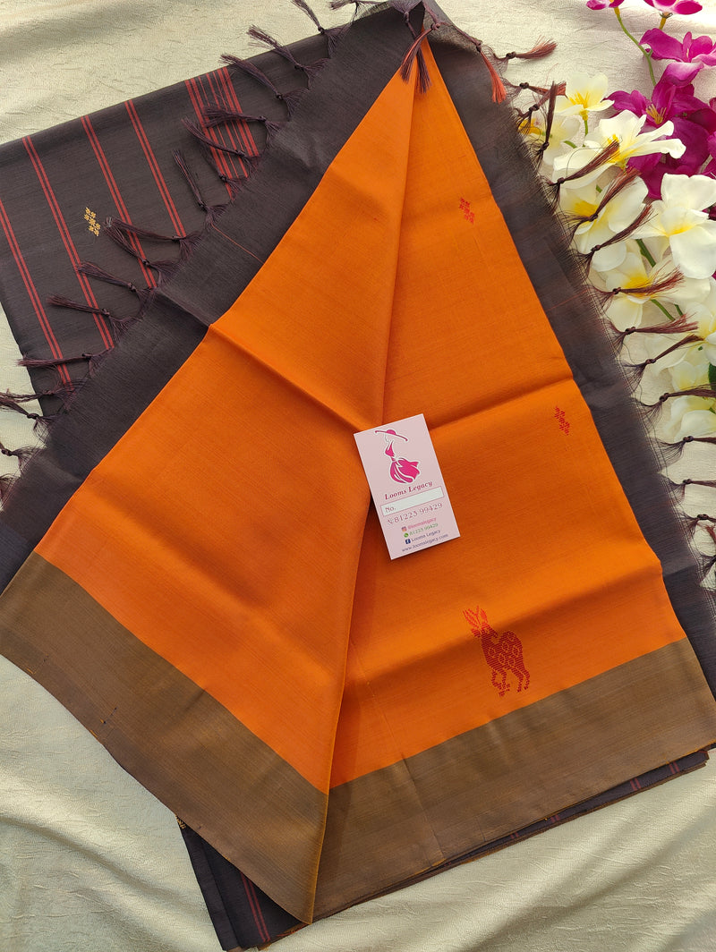 Dark Orange with Brown Pallu Handwoven Chinnalampattu Saree