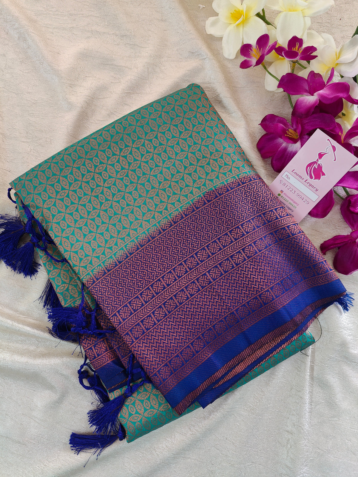 Dark Sea Green with Navy Blue Copper Zari Weave Soft Silk Saree