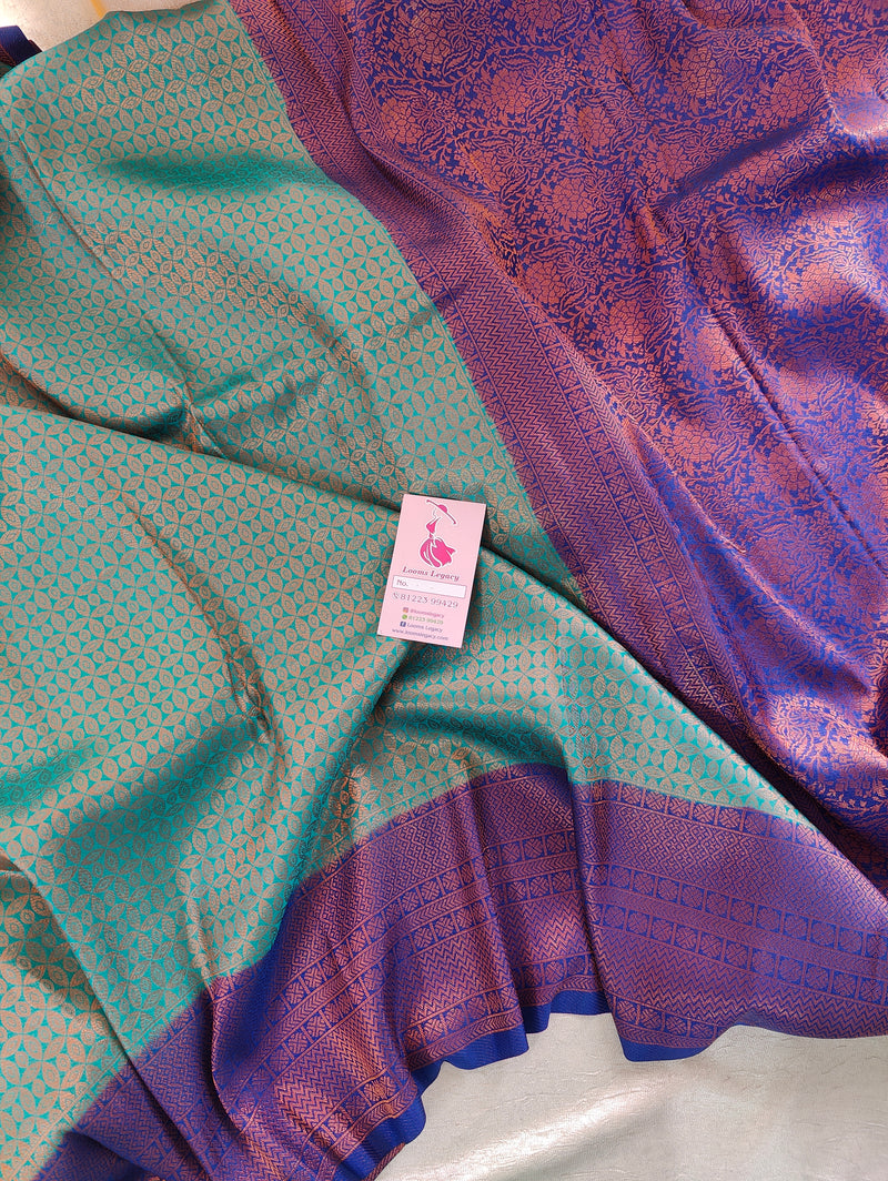 Dark Sea Green with Navy Blue Copper Zari Weave Soft Silk Saree