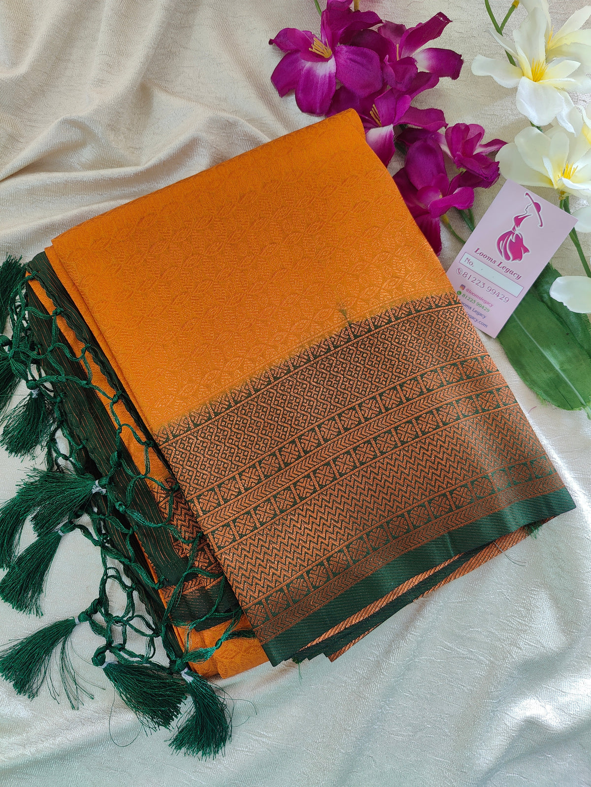 Mustard Yellow with Bottle Green Copper Zari Weave Soft Silk Saree