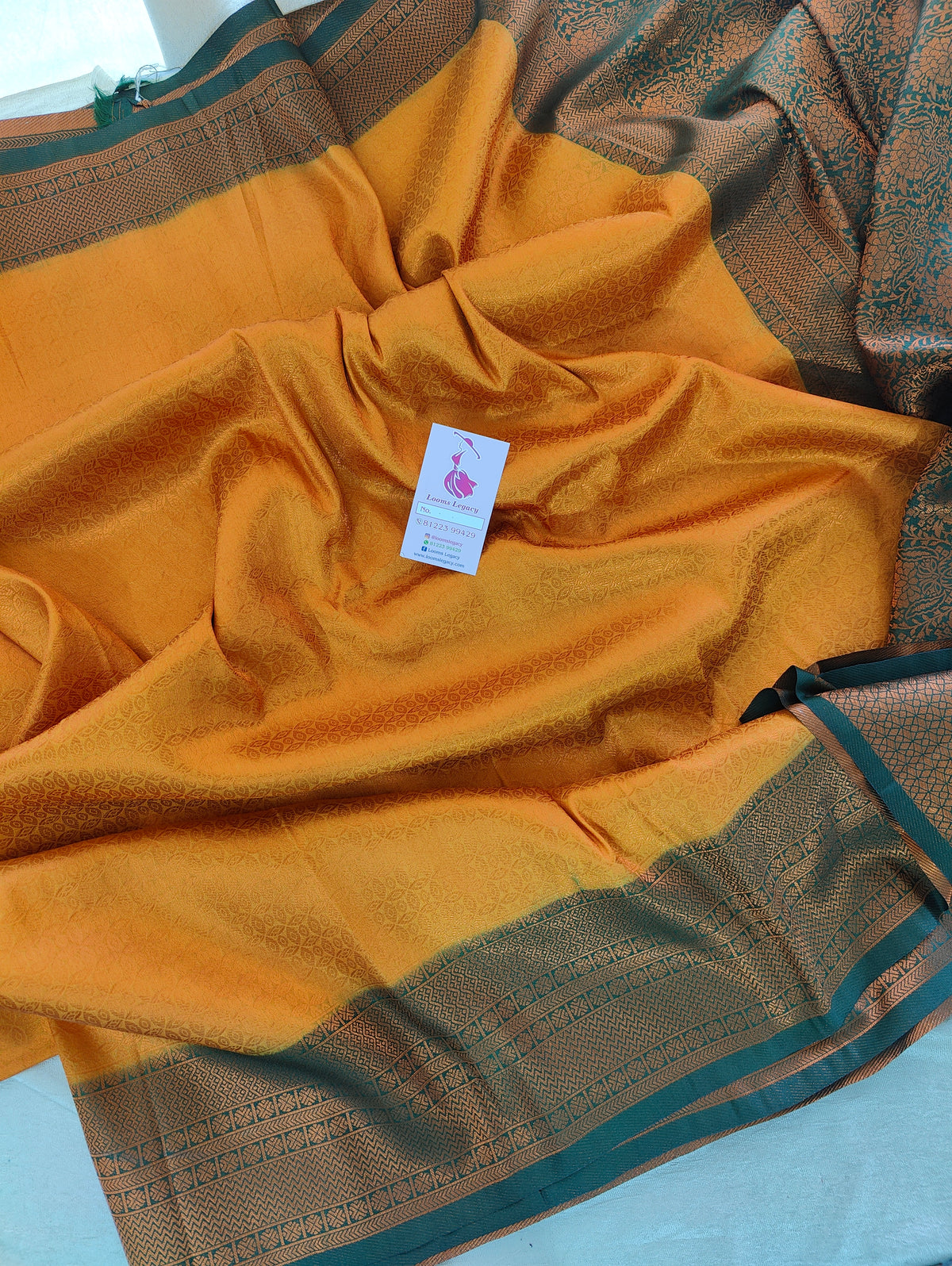 Mustard Yellow with Bottle Green Copper Zari Weave Soft Silk Saree