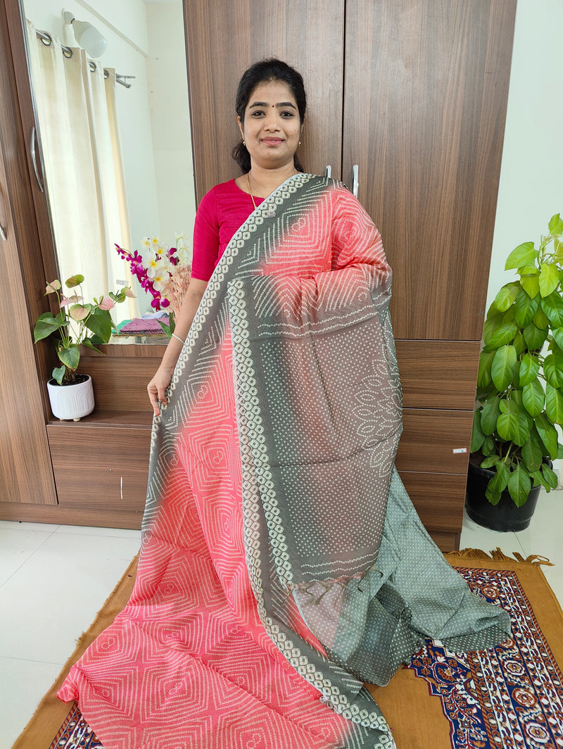 Semi Chanderi Saree - Peach with Grey