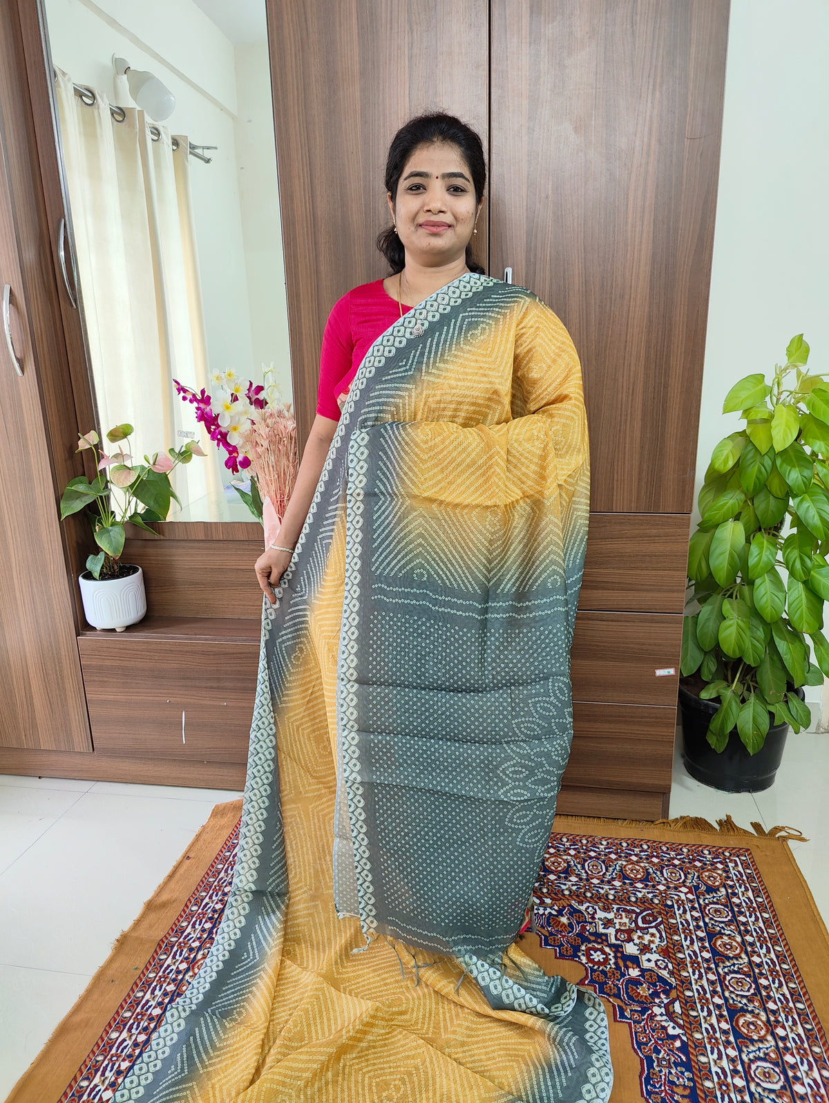 Semi Chanderi Saree - Mustard Yellow with Grey