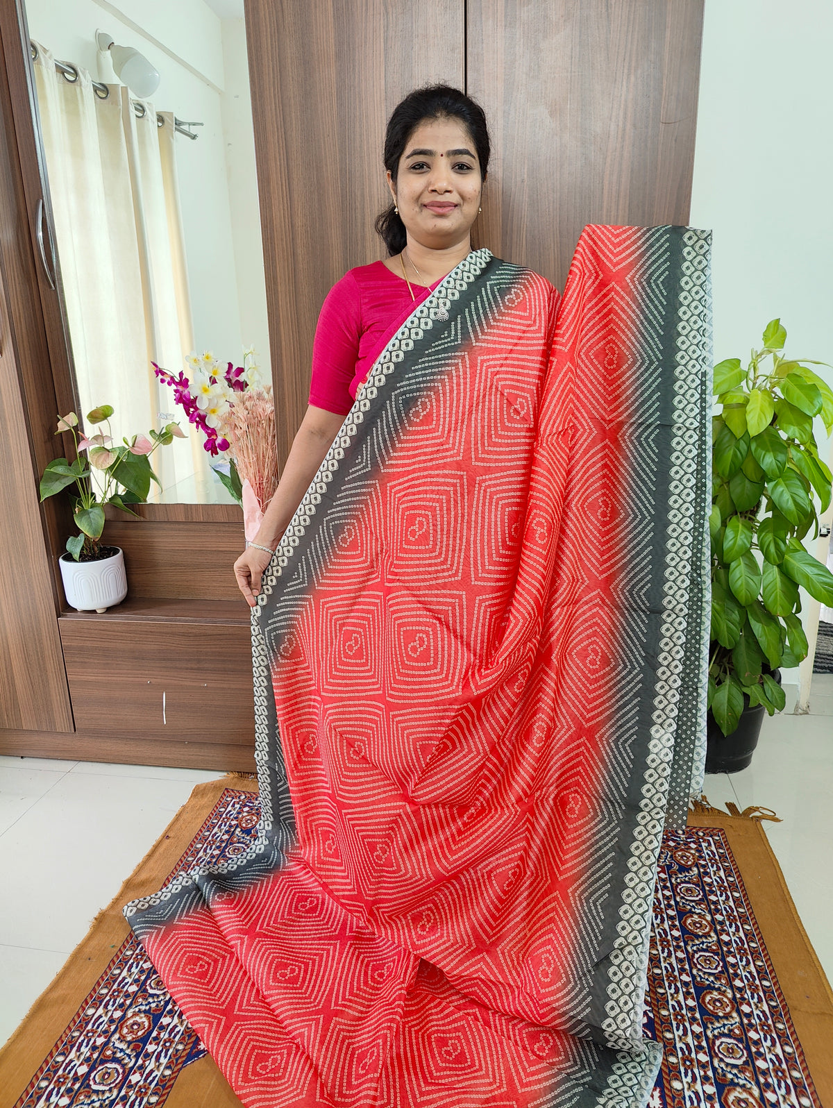 Semi Chanderi Saree - Dark Peach with Grey