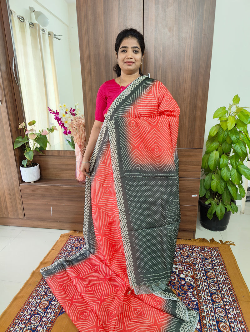 Semi Chanderi Saree - Dark Peach with Grey