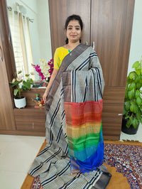 Off-white cum Black with Multi Colour Pallu Pure Handwoven Tussar Silk Saree with Zari Border