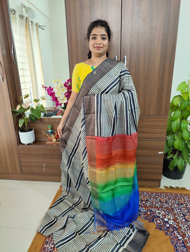 Off-white cum Black with Multi Colour Pallu Pure Handwoven Tussar Silk Saree with Zari Border