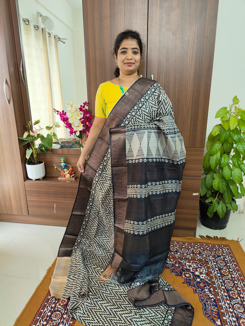 Off-White with Black Floral Printed Pure Handwoven Tussar Silk Saree with Zari Border