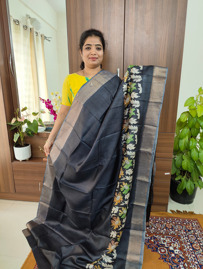 Black with Grey Floral Printed Pure Handwoven Tussar Silk Saree with Zari Border