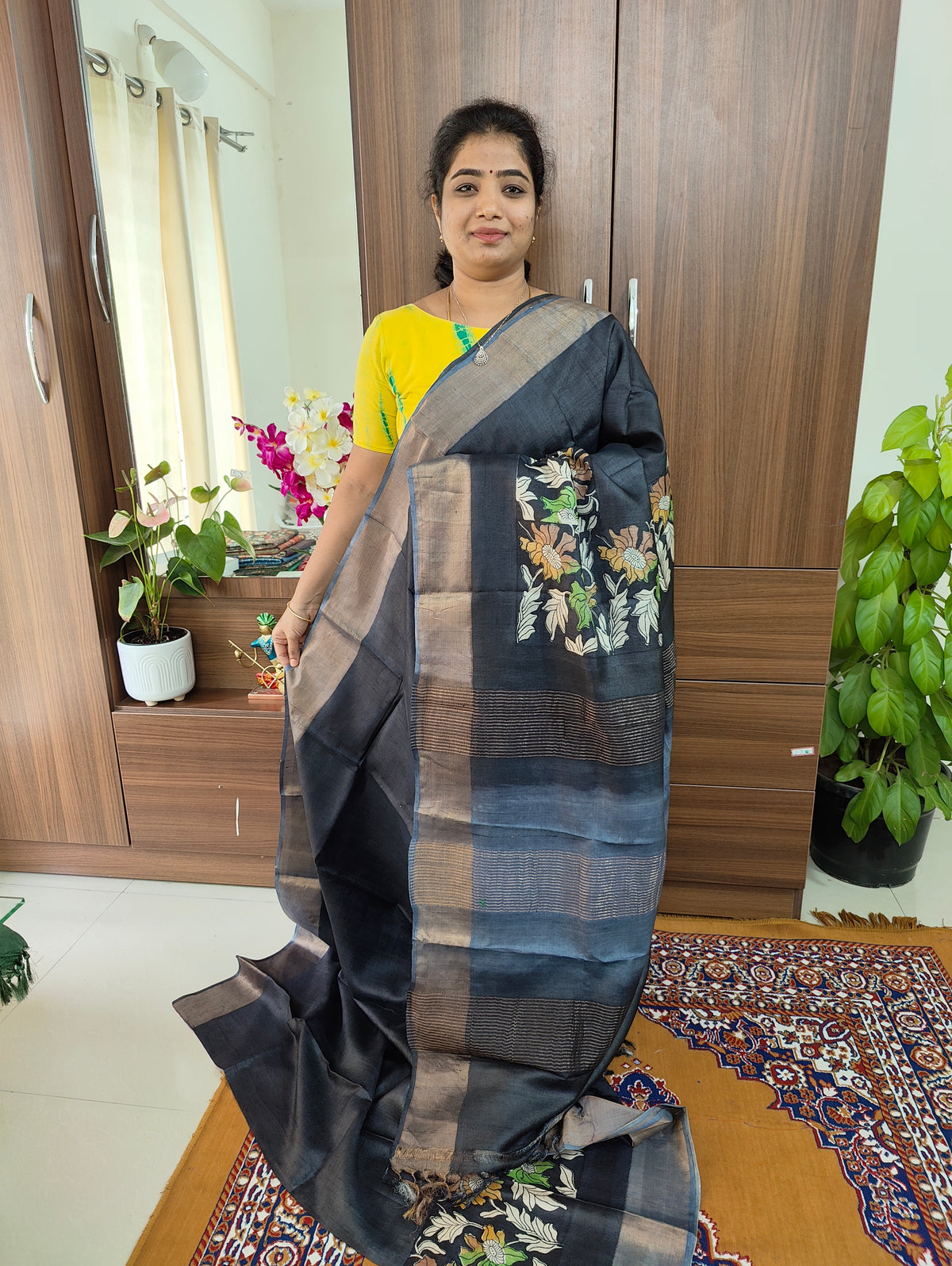 Black with Grey Floral Printed Pure Handwoven Tussar Silk Saree with Zari Border