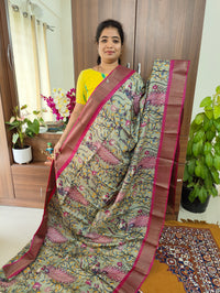 Olive Green with Pink Pure Handwoven Tussar Silk Saree with Zari Border