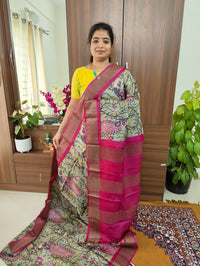 Olive Green with Pink Pure Handwoven Tussar Silk Saree with Zari Border