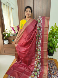 Maroon with Orange Shade Floral Printed Pure Handwoven Tussar Silk Saree with Zari Border