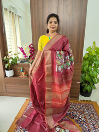 Maroon with Orange Shade Floral Printed Pure Handwoven Tussar Silk Saree with Zari Border