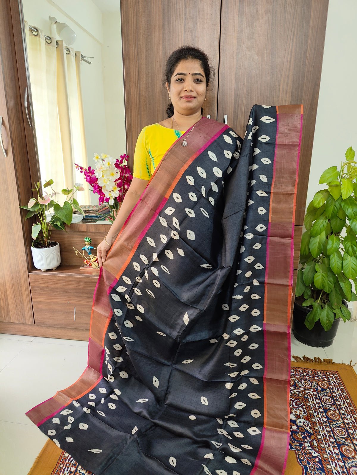 Black with Multi Colour Pallu Pure Handwoven Tussar Silk Saree with Zari Border