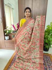 Peach Floral Printed Pure Handwoven Tussar Silk Saree with Zari Border