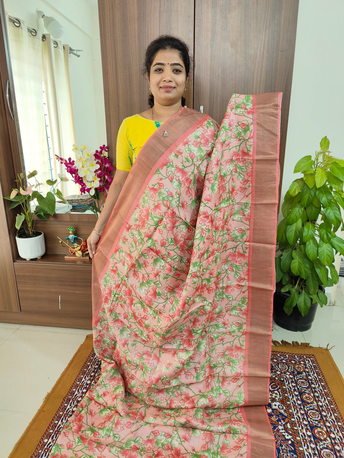 Peach Floral Printed Pure Handwoven Tussar Silk Saree with Zari Border