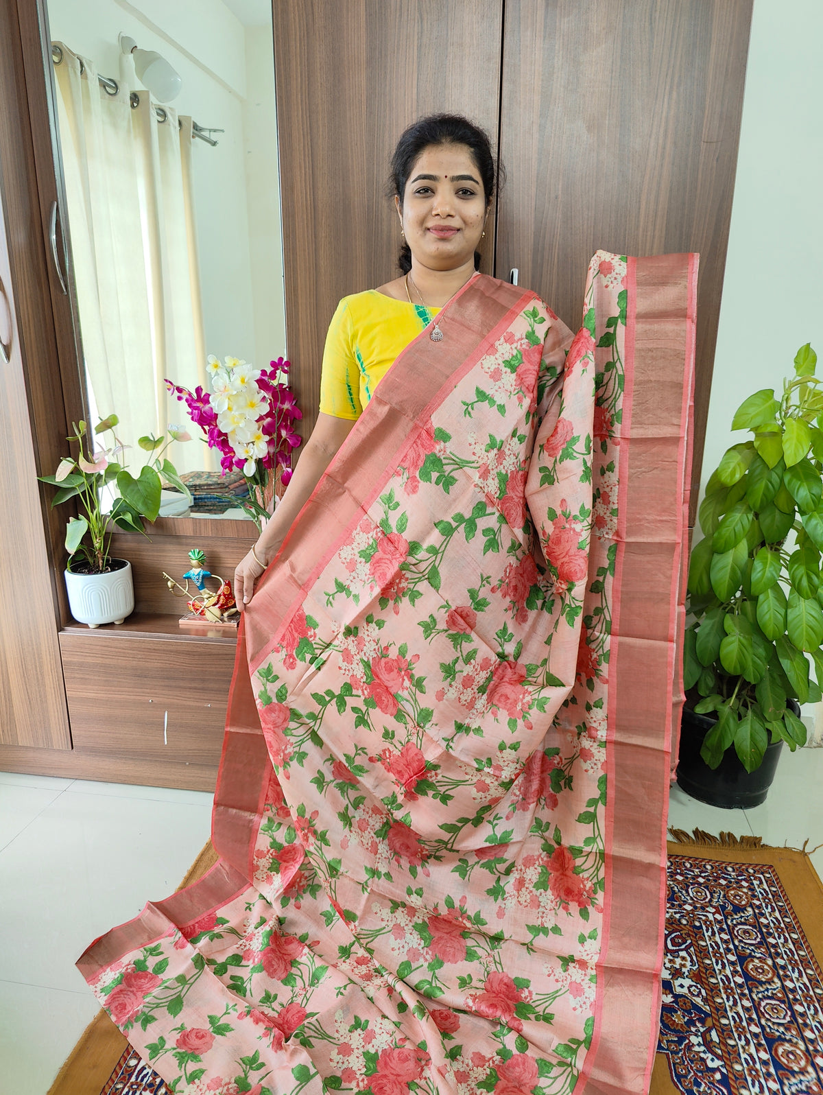 Peach Floral Printed Pure Handwoven Tussar Silk Saree with Zari Border